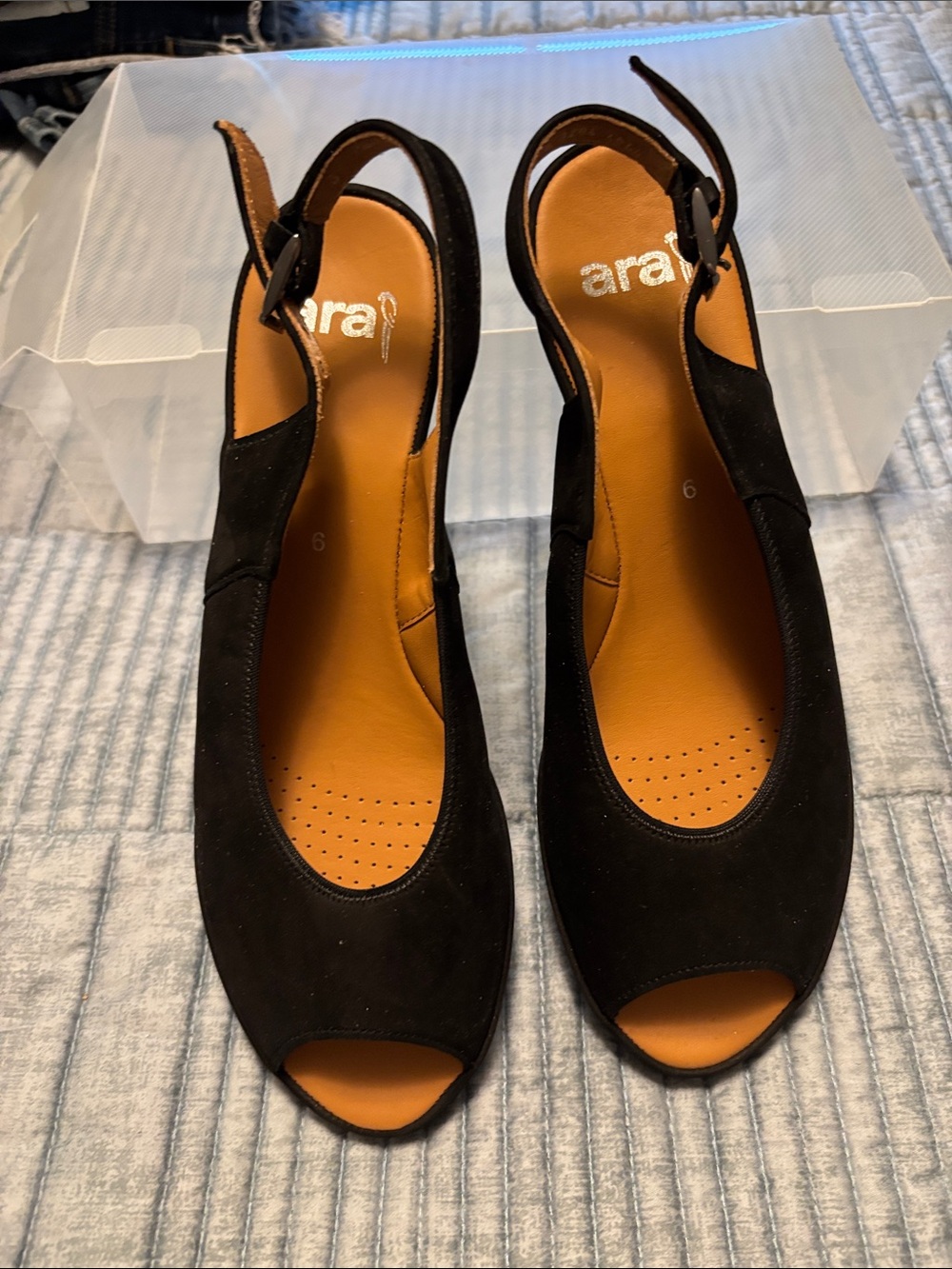 Ara Black Suede Peep-Toe Slingback Wedge Heels